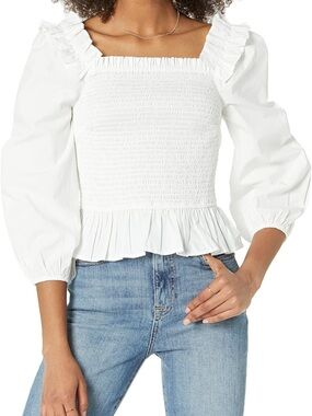 Smocked White Ruffle Square-Neck Long-Sleeve Blouse